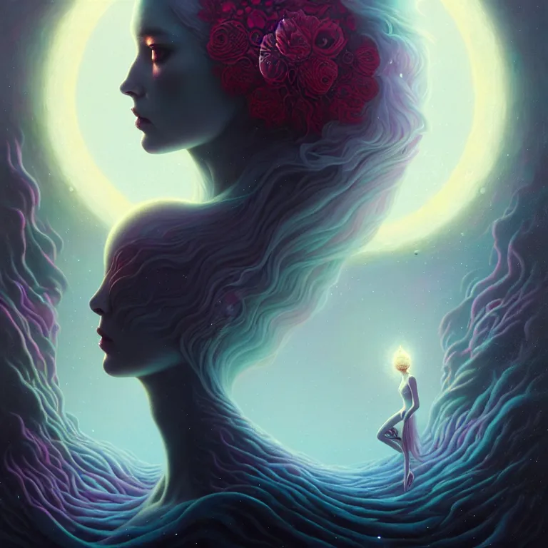 Image similar to skewed in the void of psychedelic, by by peter rohrabacher annatto finnstark. stunning luna goddess of flowers and edible plants, by charlie bowater tom bagshaw, detailed, space art. sparkling atom fractules of skulls and robots deep under the spine, fantasy, surrealist pop painting, and beeple and cgsociety