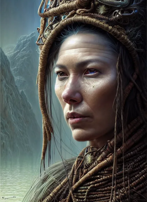 Image similar to closeup portrait shot of a female shaman in a scenic dystopian environment, intricate, elegant, highly detailed, centered, digital painting, artstation, concept art, smooth, sharp focus, illustration, artgerm, tomasz alen kopera, peter mohrbacher, donato giancola, joseph christian leyendecker, wlop, boris vallejo