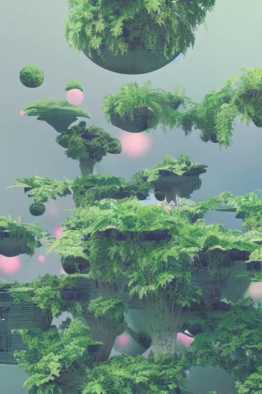 Image similar to multi level botanical garden spaceship floating in space, calm, tranquil, faded effect, detailed, vaporwave colors, render by substance designer