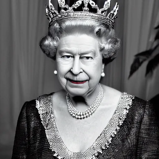 Image similar to the queen of england as reptile, big reptilian eyes, reptiloid