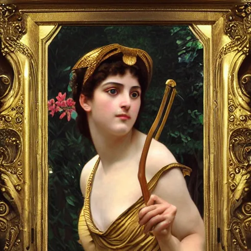 Image similar to painting portrait of Athena goddess, ancient greek culture, intricate, elegant, digital painting, smooth, sharp focus, shiny gold, realistic gold, realistic metal, by William-Adolphe Bouguereau and Gustav Klimt,