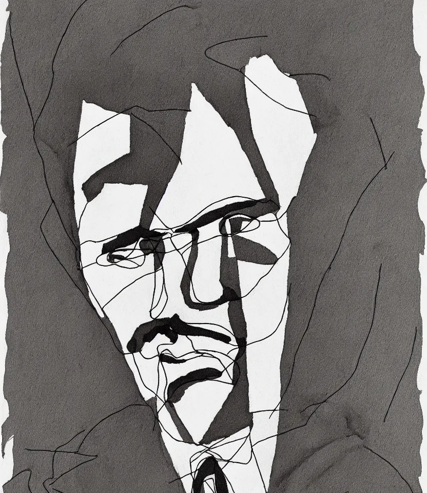 Image similar to elegant ultrafine line art portrait of german philosopher frierich nietzsche, inspired by egon schiele. contour lines, musicality, twirls and curves, strong personality, minimalism