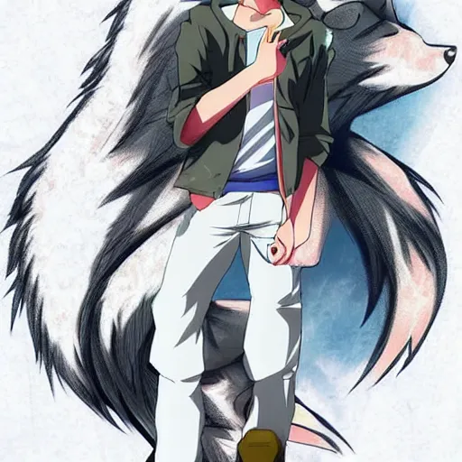 Image similar to modern anime portrait an anthro male wolf furry fursona in a casual outfit, handsome anime eyes, key anime visuals with anime environmental background