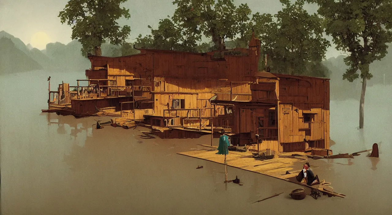 Image similar to single! flooded simple wooden outpost, very coherent and colorful high contrast!! masterpiece by rene magritte simon stalenhag carl spitzweg syd mead norman rockwell edward hopper james gilleard, minimalist, dark shadows, sunny day, hard lighting