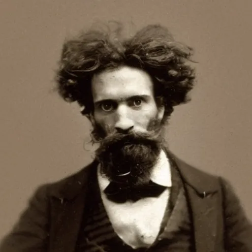Prompt: A photograph portrait of Jerma985 with crazy hair and a pyramidal mustache in the late 1800s, taken in the late 1800s, 1870s, grainy, taken on a Field View Camera, realistic, hyperrealistic, very realistic, highly detailed, very detailed, extremely detailed, detailed, digital art, trending on artstation