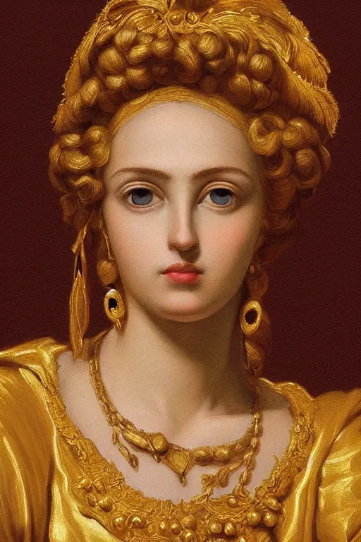 Image similar to Ruth, face closeup, ultra detailed, gold, dressed in roman clothes, ultra detailed, art by Guido Reni style