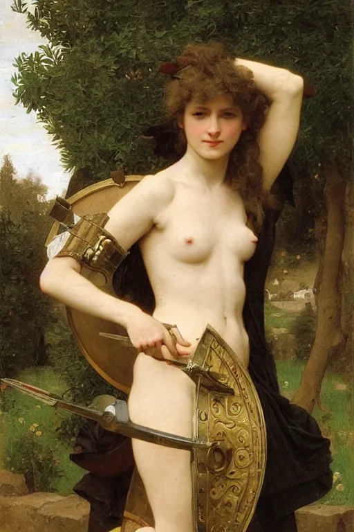 Prompt: leodagan with medieval armour, ballista on background, bouguereau