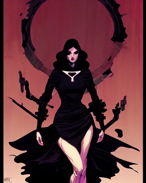 Image similar to rafael albuquerque comic art, peter mohrbacher, steve niles, phil noto, artgerm, pretty maika monroe dark witch black dress, symmetrical eyes