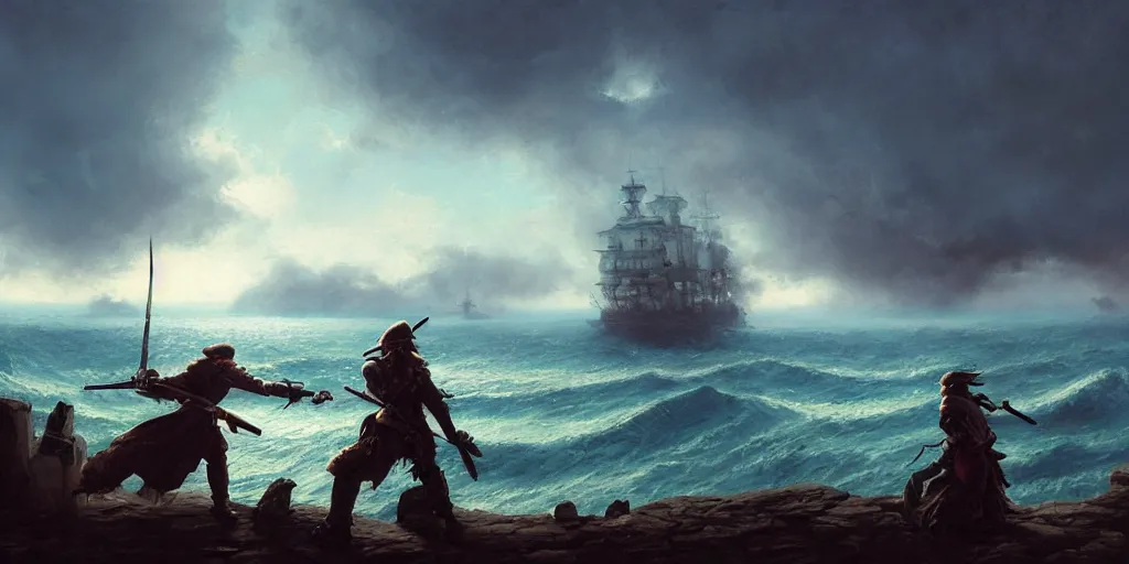 Prompt: two pirates facing each other in death duel!, foggy, gunpowder smoke, dramatic, bloody scene, sunset background, ship on the horizon, portrait 4 / 3, high detail, greg rutkowski, james gurney, gene wolfe, gustave dore, jesper ejsing, rhads, makoto shinkai, ilya kuvshinov