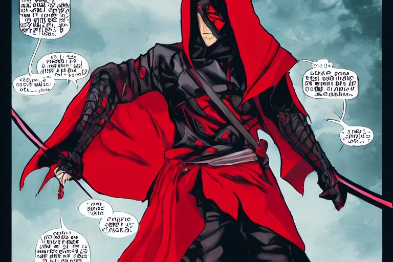 Prompt: a twin blade muscular swordsman, red and black cape and hoodie, scary, intimidating, worn out clothes, torn clothes, as a panel of a Marvel comic