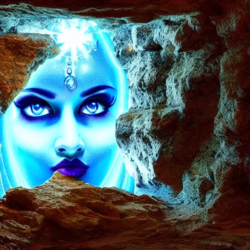 Image similar to mysterious divine goddess with bright blue eyes in a dark cave, photo 3 d,