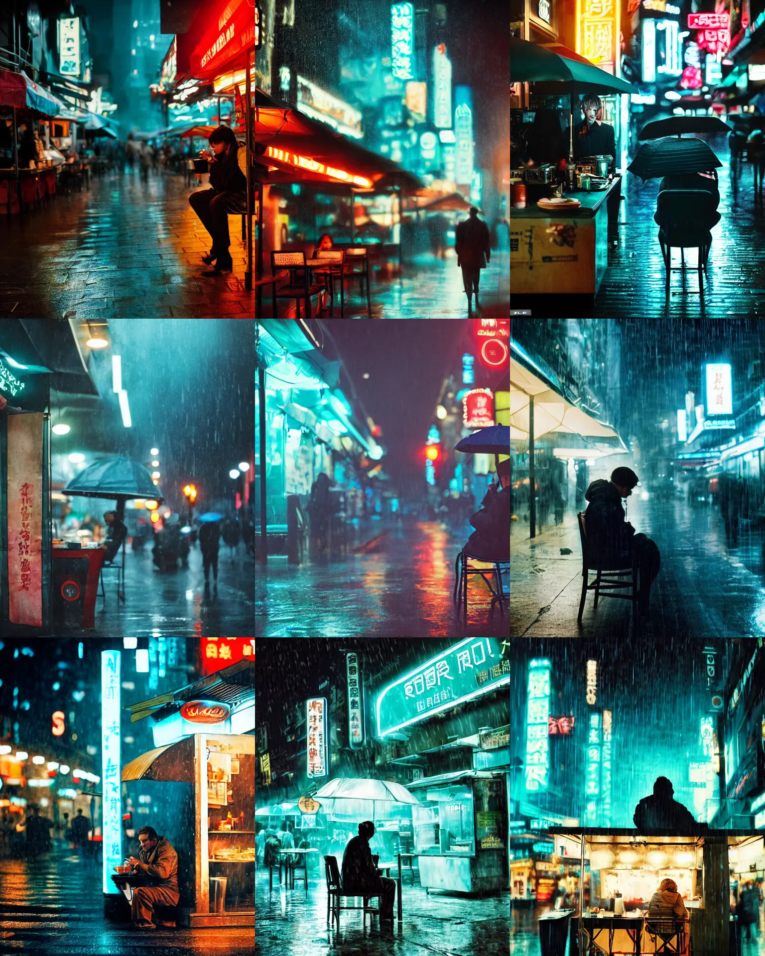 Prompt: blade runner movie iconic still of a customer sitting at an outdoor noodle stand, rack focus, close establishing shot, rainy night, monochromatic teal, dark teal lighting, steamy, desaturated colors, soft dramatic lighting, 4 k digital camera