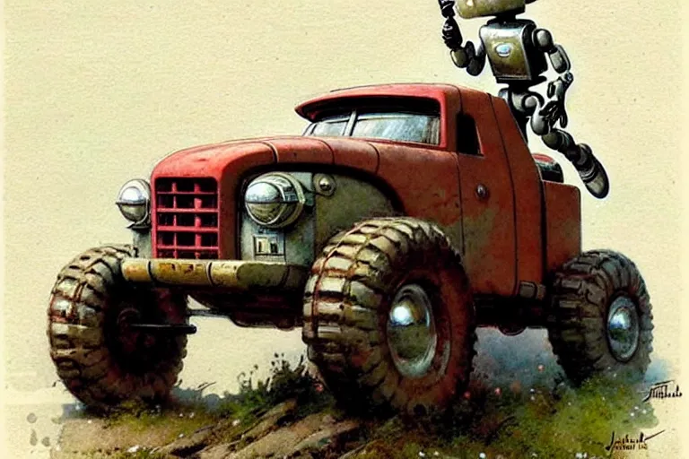 Prompt: adventurer ( ( ( ( ( 1 9 5 0 s retro future robot android fat knome rv offroad truck robot. muted colors. ) ) ) ) ) by jean baptiste monge!!!!!!!!!!!!!!!!!!!!!!!!! chrome red
