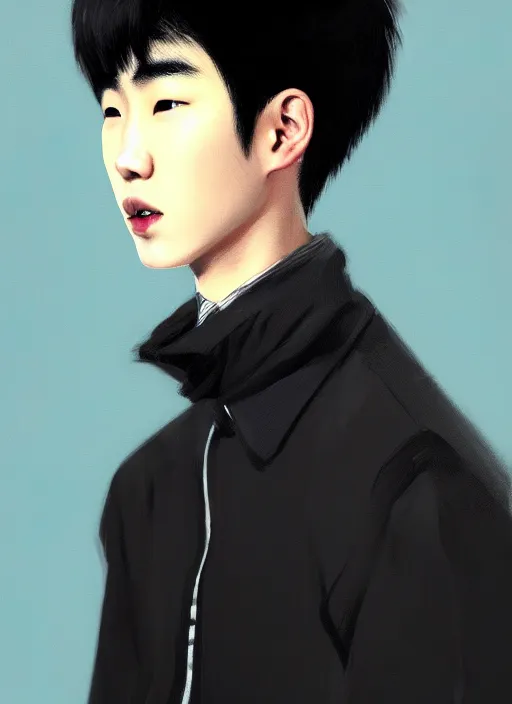 Image similar to portrait of an korean teen boy with a crooked nose and a confident expression, 1 9 6 0 s, black clothes, goth, punk, brightly coloured hair, funk, intricate, elegant, highly detailed, digital painting, artstation, concept art, smooth, sharp focus, illustration, art by wlop, mars ravelo and greg rutkowski