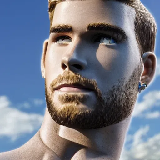 Image similar to a realistic detailed photo of a guy who is an attractive humanoid who is half robot and half humanoid, who is a male android, actor liam hemsworth, shiny skin, posing like a statue, blank stare, by the pool, on display