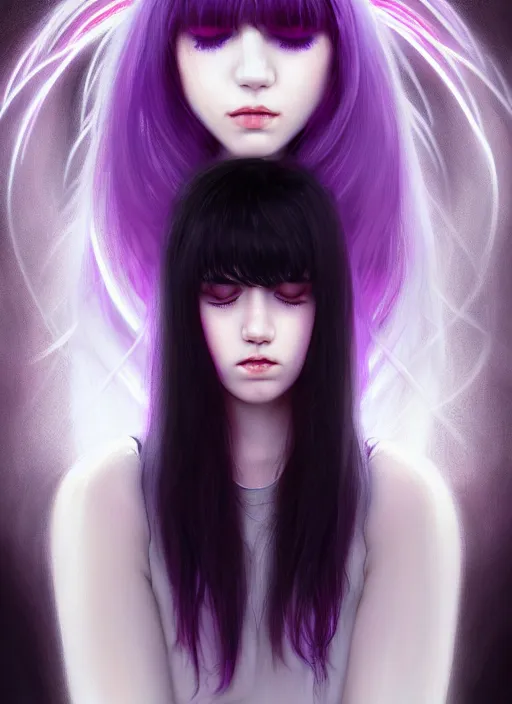 Image similar to portrait of teenage girl with white bangs, red irises, bangs, black and white hair, purple clothes, white bangs, two color hair, black hair and white bangs, intricate, elegant, glowing lights, highly detailed, digital painting, artstation, concept art, smooth, sharp focus, illustration, art by wlop, mars ravelo and greg rutkowski
