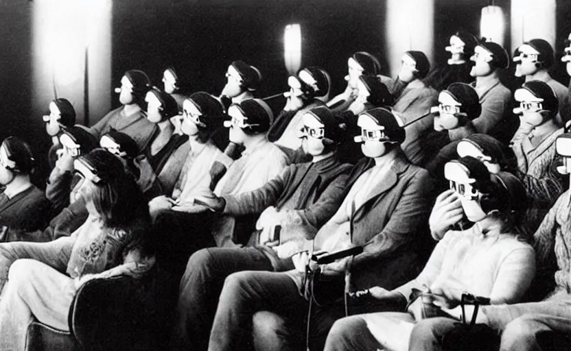 Image similar to 1 9 0 0 s photo of people using iphones ipods virtual reality headsets vr in a movie theater masterpiece