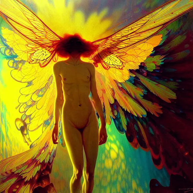 Prompt: psychedelic transcendent cyborg mind bending psychedelic wings of glossy liquid honey flowing like kaleidoscopic translucent holograph, lsd feathers, honey wind, enlightenment, high contrast dappled lighting, refracted sunset, highly detailed, concept art, art by collier, albert aublet, krenz cushart, artem demura, alphonse mucha