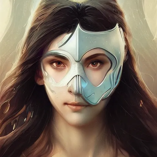 Image similar to a beautiful girl wearing a cyberkinetic mask, digital art, 8 k resolution, highly detailed, artstation, pretty face, very beautiful face, very detailed eyes, by rossdraws, tom bagshaw, greg rutkowski, ferdinand knab