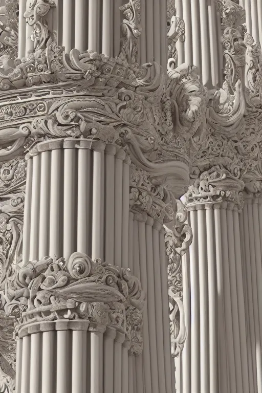 Image similar to Baroque columns with intricate carvings, high detail, cinematic, cgsociety 8k