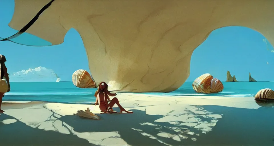 Image similar to clamshell seashell where a hermit girl lives, atmospheric cinematography by syd mead