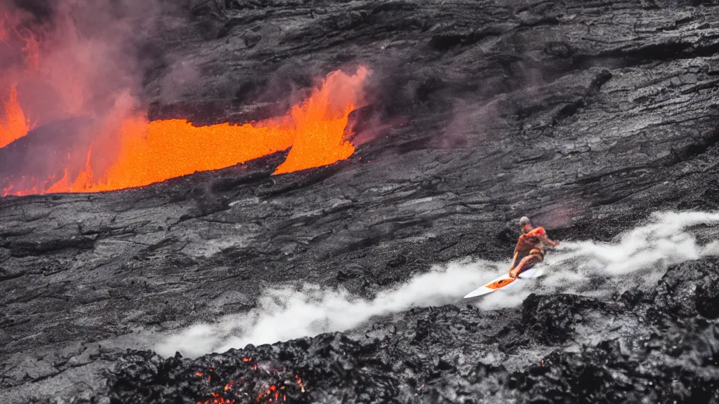 Prompt: person in armor surfing down a river of lava on the side of a volcano on surfboard, action shot, dystopian, thick black smoke and fire, motion blur, sharp focus, cinematic, tilt shift lens