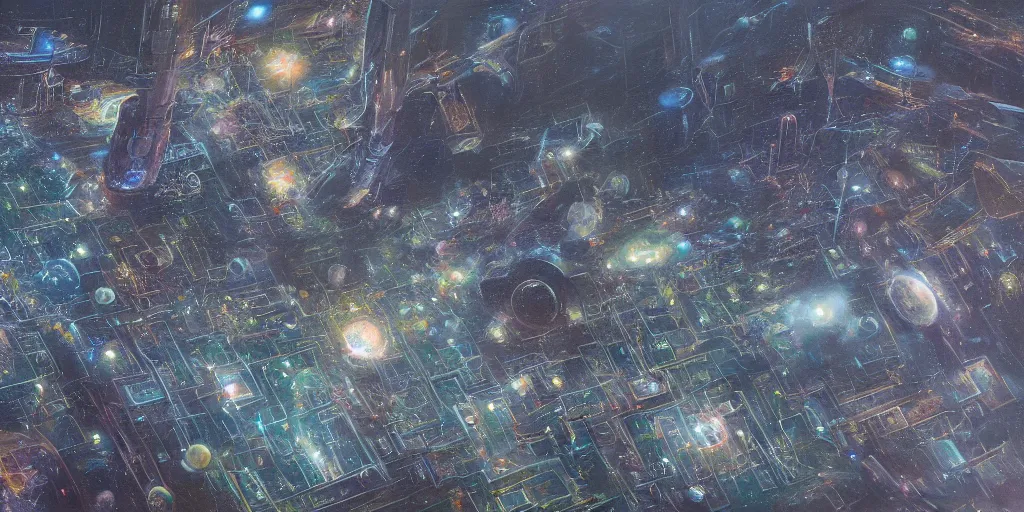 Image similar to a painting of low earth orbit busy space city by chase stone and paul chadeisson. ultra clear detailed, 4 k