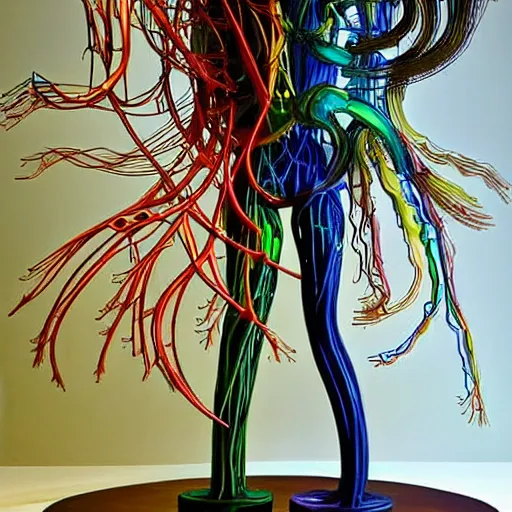 Prompt: A beautiful kinetic sculpture of a human nervous system that is part organic and part mechanic. It is an accurate representation of how the artist sees the world by Lori Earley and Antoine Blanchard, colorful, symetrical composition, geometric, ethereal, surreal, dreamlike