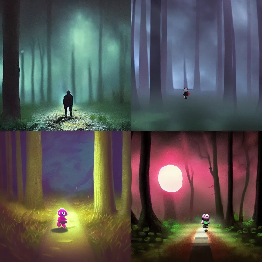 Prompt: Kirby from Super Smash Bros walks alone through the woods at night, gloomy, dark, foggy, night, ominous, dark color, atmospheric, cinematic lighting, intricate detail,