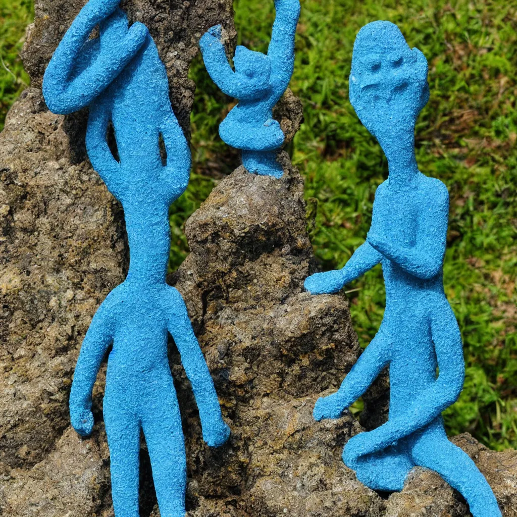 Image similar to Stone figurine of Gumby covered in bright blue moss