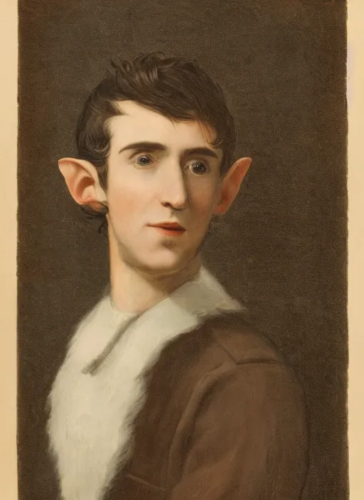 Image similar to portrait of handsome young elf with brown eyes brown hair and a short neat beard by charles angrand, only one head single portrait, pointy ears, wearing a black leather collared jacket