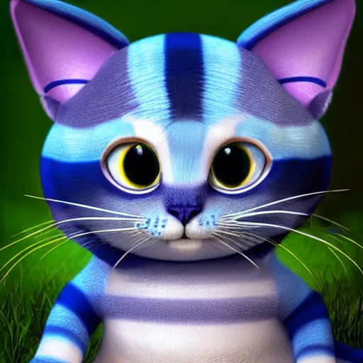 Image similar to cute blue striped cheshire cat. an adorable cat with light blue stripes, blue eyes and a big mischievous smile. stunning digital art by mona sundberg. fluffy, plush - like