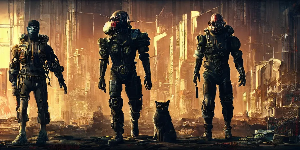 Image similar to cyberpunk cat gang, fallout 5, studio lighting, deep colors, apocalyptic setting, sneak peek into the future