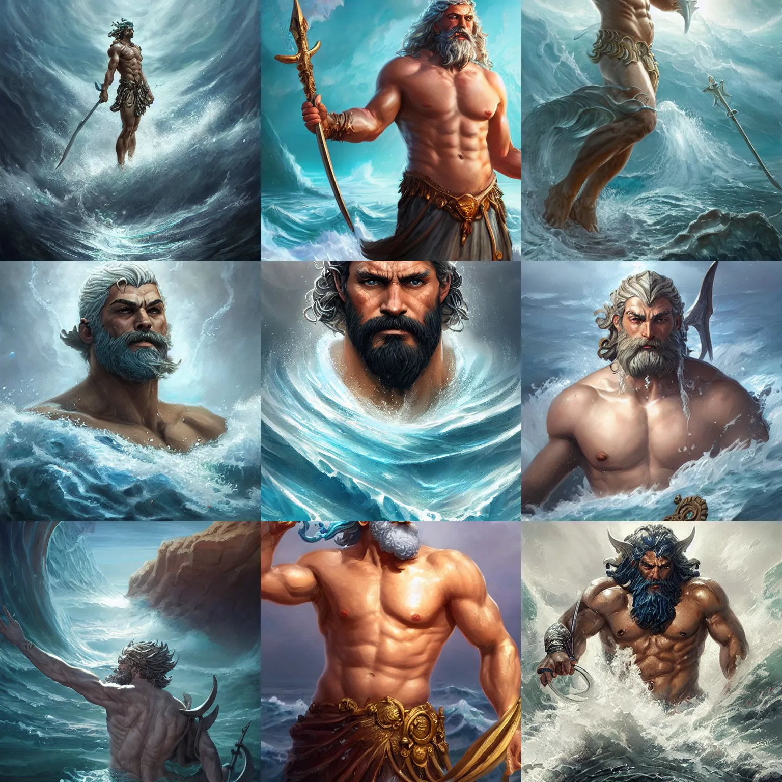 Prompt: poseidon, god of the ocean, D&D, fantasy, highly detailed, digital painting, trending on artstation, concept art, sharp focus, illustration, art by artgerm and greg rutkowski and magali villeneuve