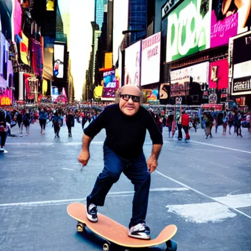 Image similar to photograph of danny devito skateboarding in times square, detailed face