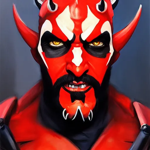 Prompt: greg manchess portrait painting of darth maul as overwatch character, medium shot, asymmetrical, profile picture, organic painting, sunny day, matte painting, bold shapes, hard edges, street art, trending on artstation, by huang guangjian and gil elvgren and sachin teng