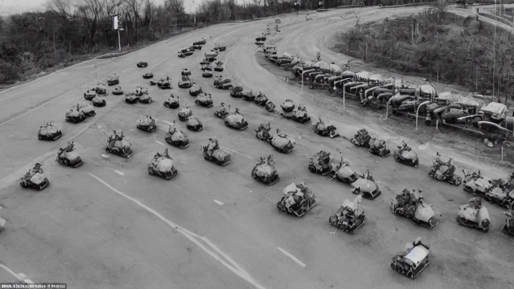 Image similar to a historic photo of a drone shot of a man holding grocery bags on both hands, standing in front of five tanks lined up approaching him on the highway