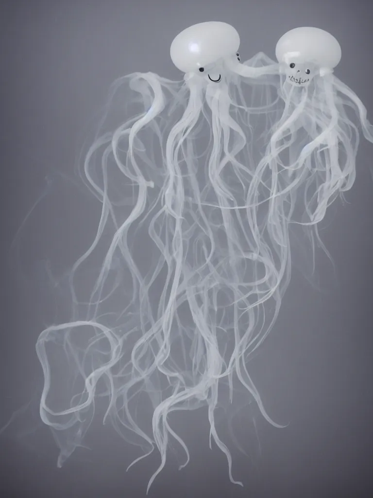 Image similar to cute fumo plush beautiful ectoplasmic gothic skeletal jellyfish ghost twins, glowing milky wisps of hazy smoke and volumetric fog, lens flare, subsurface scattering, vignette, asymmetry, bokeh, refraction, vray