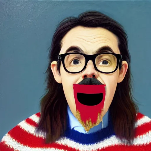 Prompt: An Oil Painting of Rivers Cuomo in a sweater with long hair and a mustache sweating bullets as he imitates The Scream pose in his apartment after seeing kim jong un's nukes falling onto the city, hyperrealistic, extremely realistic, highly realistic, HD Quality, 4k resolution, 8k resolution, Detailed, Very Detailed, Highly Detailed, Extremely Detailed, Intricate Details, Real, Very Real, Oil Painting, Digital Painting, Painting, Trending on Deviantart, Trending on Artstation