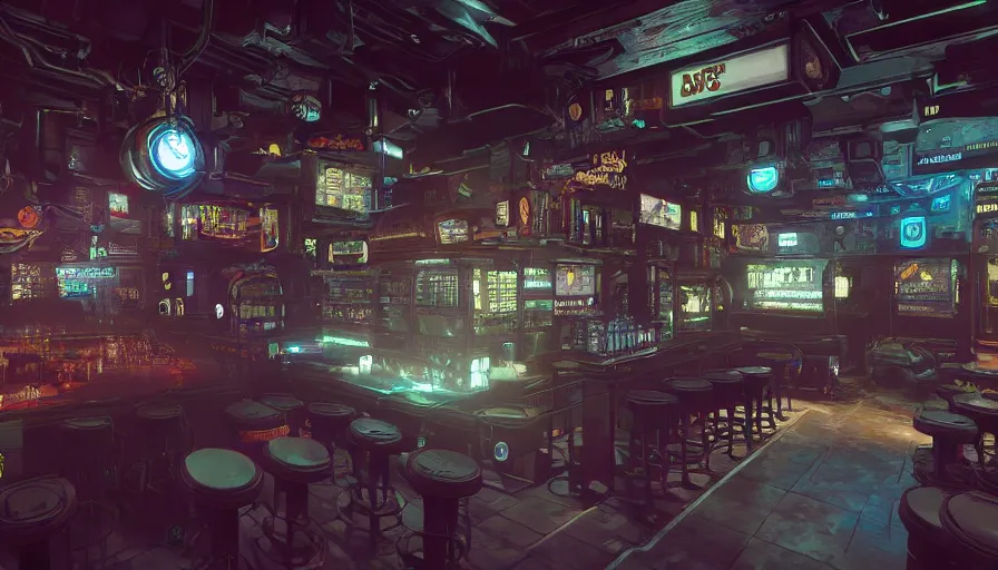 Image similar to cyberpunk themed pub, very detailed, octane render, 4 k, trending on artstation