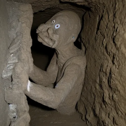 Image similar to found footage of a man made of grayish clay emerging from a wall inside of a cave made of grayish clay, creepy, flash photography, unsettling, moist