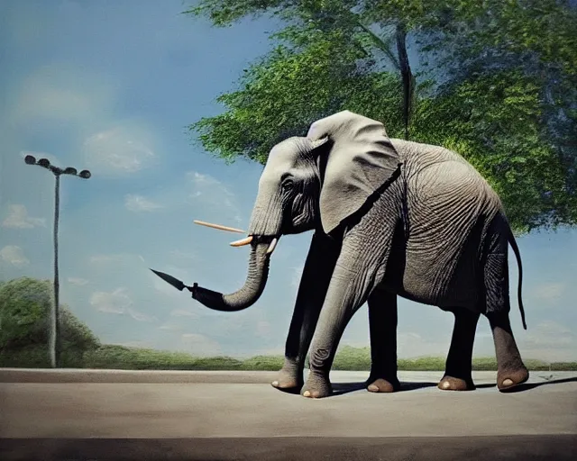 Prompt: an elephant painting a picture with its trunk holding a paintbrush while standing outside in a park on a sunny day, octane, shot on an iphone,