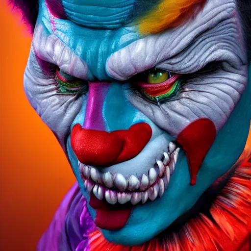 Image similar to willem dafoe wearing bizarre clown makeup, and intricate clown costume, by rossdraws, vivid colors, soft lighting, digital artwork, uhd, best of artstation