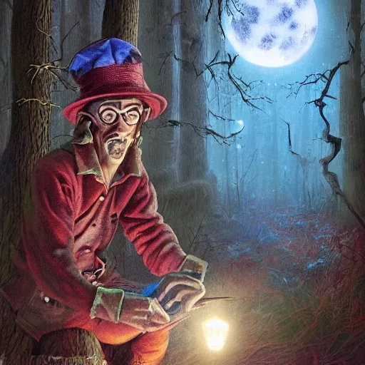 Prompt: portrait of the terrified Rincewind in the Forbidden Forrest, at night, full moon, blue tones, detailed, hyperrealistic, colorful, cinematic lighting, digital art by Paul Kidby