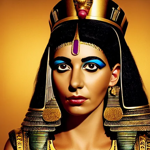 Image similar to Photo of Cleopatra, Queen of the Kingdom of Egypt, sitting on a throne, close-up, high detail, studio, ominous background, smoke, by Martin Schoeller