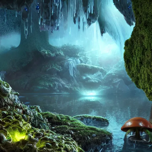 Image similar to mythical gigantic space cavern, ultra realist 3 d render curiosities carnival pond vegetation rocks mushrooms and tentacles covered moss, luminescent wisps, stunning waterfall, accurate features, focus, very intricate ultrafine details, random volumetric lighting, fog, award winning masterpiece, octane render 8 k hd, artstation, boris vallejo