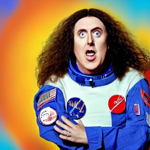 Prompt: weird al yankovic in a rocketship wearing a space suit panicking