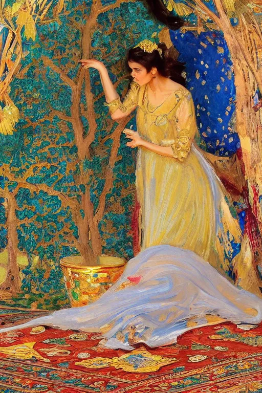 Image similar to gorgeous iranian girl wear detailed golden blue dress big tree palm pot and lay down on a detailed persian carpet, painting by john singer sargent