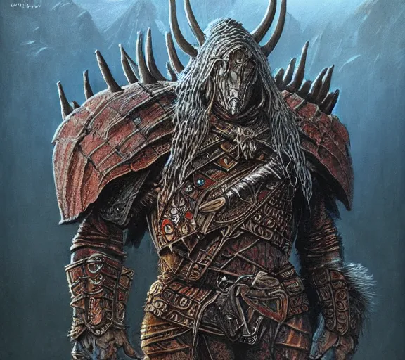 Prompt: beastman tribal warrior concept, wearing tribal armor, beksinski, wayne barlowe, adrian smith fantasy art, the hobbit art, lord of the ring art, the witcher concept art, trending on artstation, game of throne art