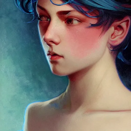 Prompt: young boy, blue hair, pink eyes, gorgeous, amazing, feminine, elegant, intricate, highly detailed, digital painting, artstation, concept art, sharp focus, portrait, illustration, art by artgerm and greg rutkowski and alphonse mucha